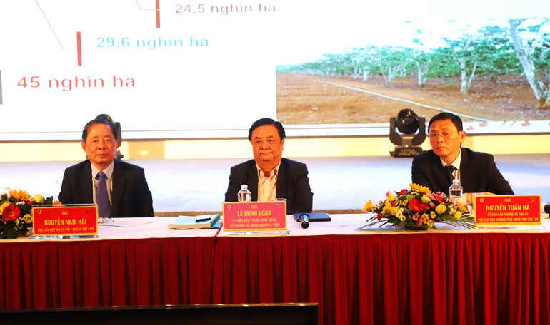 Bộ trưởng Nông nghiệp và Phát triển nông thôn Lê Minh Hoan và lãnh đạo Hiệp hội cà-phê ca cao Việt Nam, Ủy ban nhân dân tỉnh Đắk Lắk chủ trì hội thảo.