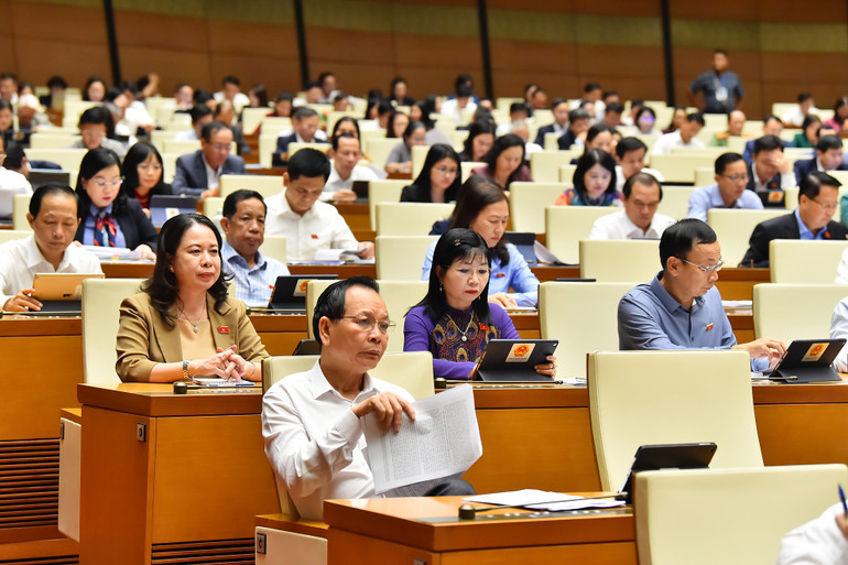 Các đại biểu lắng nghe báo cáo và thẩm tra về kế hoạch đầu tư công trung hạn.
