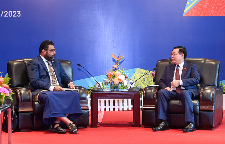 Chủ tịch Quốc hội Vương Đình Huệ phát biểu tại buổi tiếp Chủ tịch Quốc hội Tonga Lorre Fakafanua.