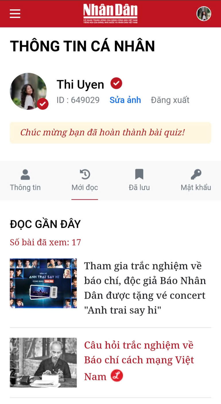 Lịch sử tham gia trắc nghiệm trong tab Mới đọc. Lịch sử tham gia trắc nghiệm trong tab Mới đọc.