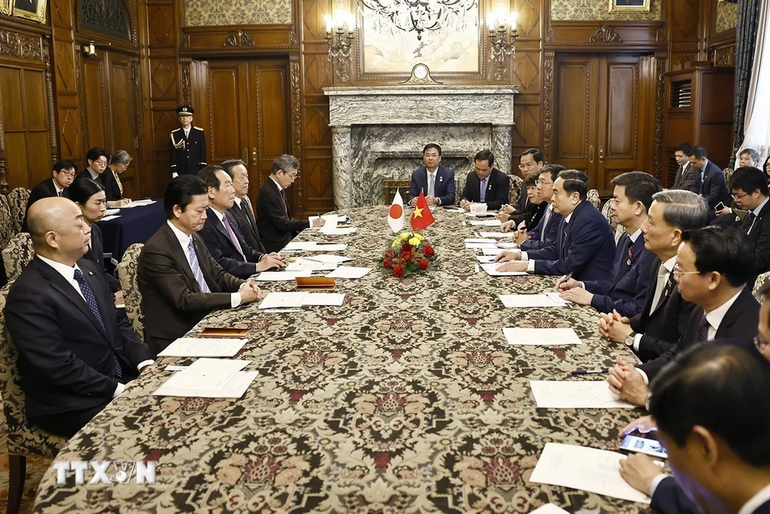 Chủ tịch Quốc hội Trần Thanh Mẫn hội đàm với Chủ tịch Hạ viện Nhật Bản Nukaga Fukushiro. (Ảnh: Doãn Tấn/ TTXVN)