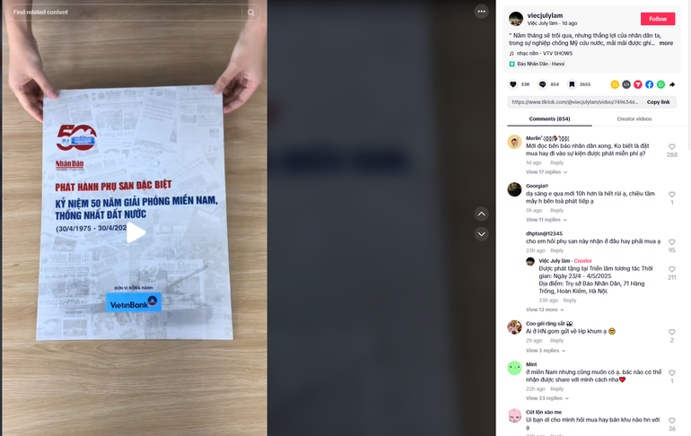 Clip review về phụ san Báo Nhân Dân của tài khoản Viecjulylam nhanh chóng trở thành xu hướng trên mạng xã hội Tiktok. Clip review về phụ san Báo Nhân Dân của tài khoản Viecjulylam nhanh chóng trở thành xu hướng trên mạng xã hội Tiktok.