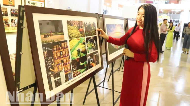 Du khách thăm quan hình ảnh những thành tựu của Đắk Lắk sau 50 năm xây dựng và phát triển.