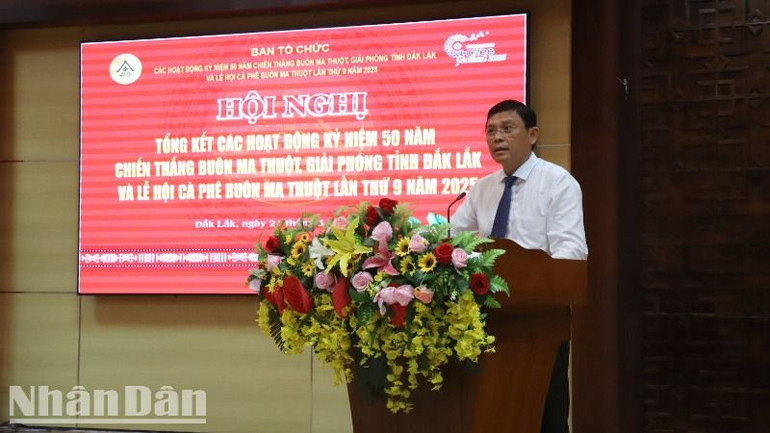 Phó Chủ tịch Thường trực Ủy ban nhân dân tỉnh Đắk Lắk Nguyễn Tuấn Hà phát biểu tại hội nghị tổng kết các hoạt động kỷ niệm 50 năm Chiến thắng Buôn Ma Thuột, giải phóng tỉnh Đắk Lắk và Lễ hội Cà-phê Buôn Ma Thuột lần thứ 9 năm 2025.