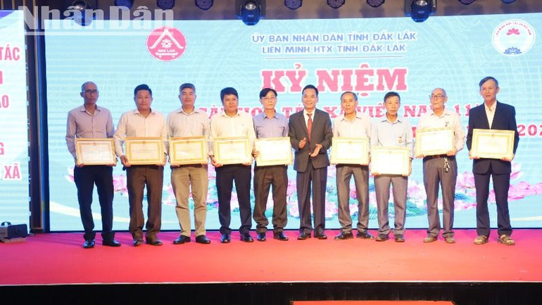 Chủ tịch Liên minh Hợp tác xã tỉnh Đắk Lắk trao tặng Bằng khen của Liên minh Hợp tác xã Việt Nam cho các tập thể hoàn thành xuất sắc nhiệm vụ năm 2024.