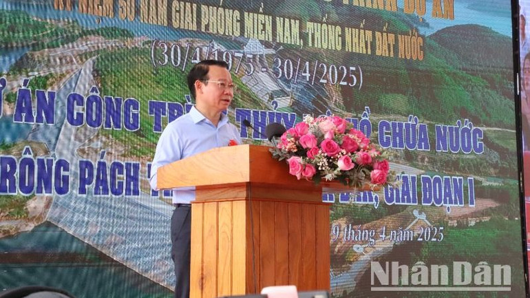 Bộ trưởng Nông nghiệp và Môi trường Đỗ Đức Duy phát biểu tại lễ khánh thành Cụm công trình đầu mối hồ chứa nước Krông Pách Thượng giai đoạn 1.