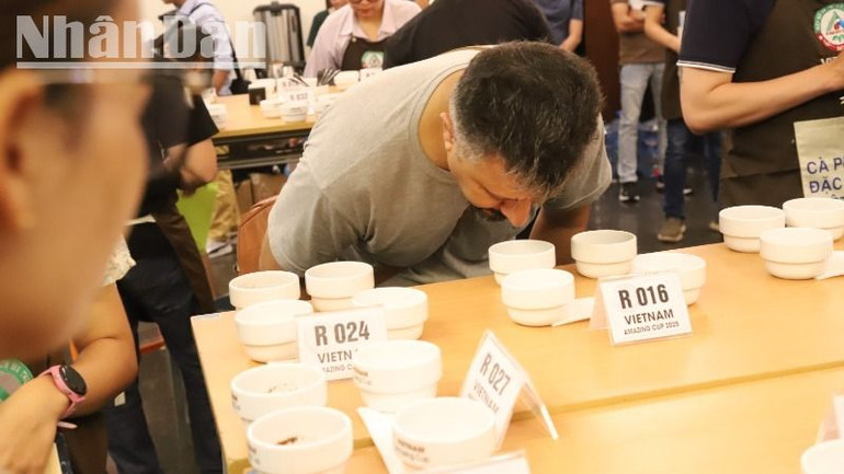 Đối với các mẫu bột cà-phê đặc sản, các đại biểu và du khách dùng mũi để thưởng thức.