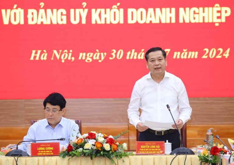 Đồng chí Nguyễn Long Hải, Ủy viên dự khuyết Trung ương Đảng, Bí thư Đảng ủy Khối Doanh nghiệp Trung ương phát biểu.