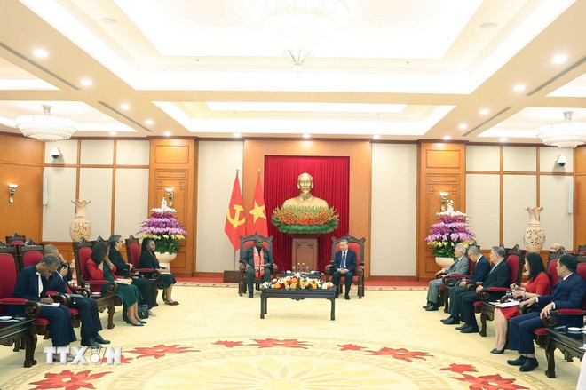 Tổng Bí thư Tô Lâm tiếp Tổng Thư ký Đảng Mặt trận giải phóng Mozambique (FRELIMO) Chakil Felizardo Aboobacar. (Ảnh: Thống Nhất/TTXVN).