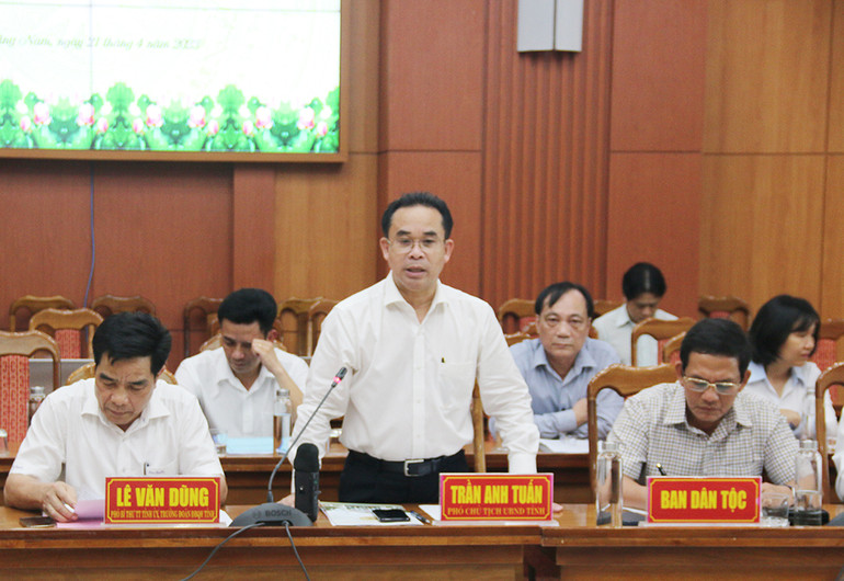 Phó Chủ tịch Ủy ban nhân dân tỉnh Trần Anh Tuấn báo cáo tại buổi làm việc.