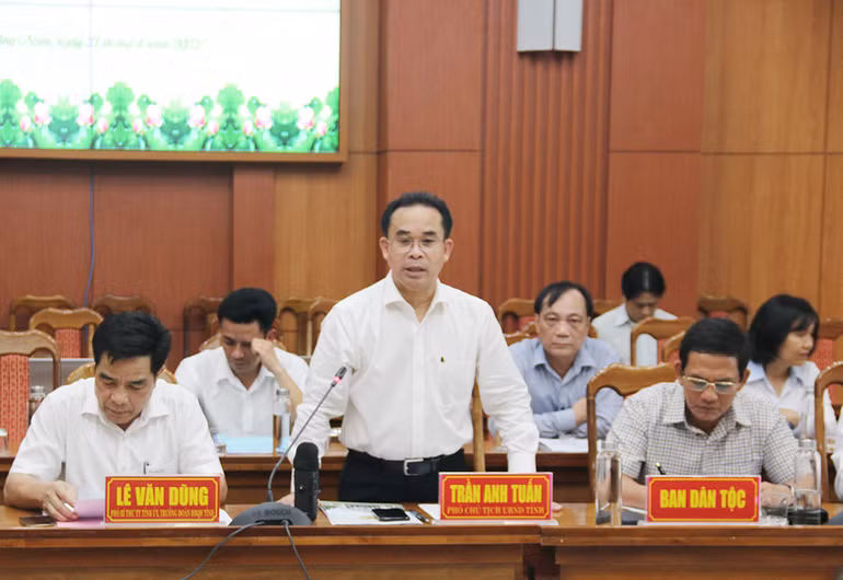 Phó Chủ tịch Ủy ban nhân dân tỉnh Trần Anh Tuấn báo cáo tại buổi làm việc.
