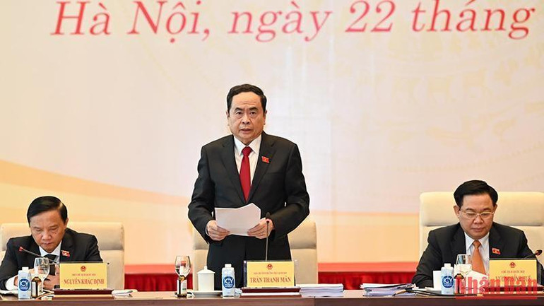 Phó Chủ tịch Thường trực Quốc hội Trần Thanh Mẫn phát biểu tại hội nghị. (Ảnh: DUY LINH)