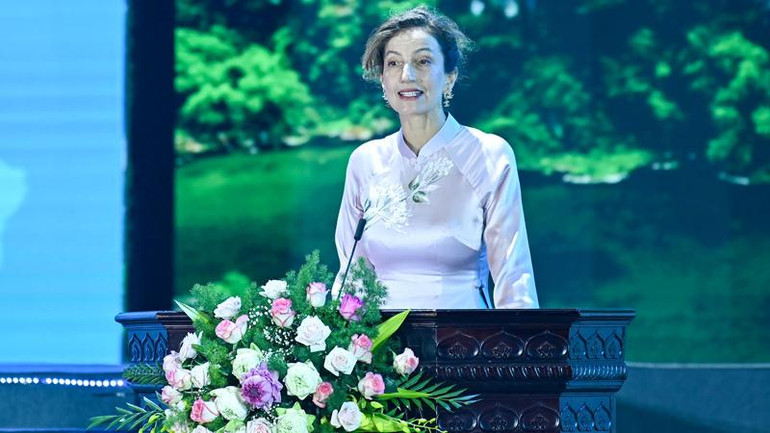 Tổng Giám đốc UNESCO Audrey Azoulay phát biểu tại lễ kỷ niệm. (Ảnh: DUY LINH) Tổng Giám đốc UNESCO Audrey Azoulay phát biểu tại lễ kỷ niệm. (Ảnh: DUY LINH)