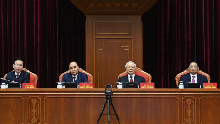 Tổng Bí thư Nguyễn Phú Trọng, Chủ tịch nước Nguyễn Xuân Phúc, Thủ tướng Phạm Minh Chính và Thường trực Ban Bí thư Võ Văn Thưởng đồng chủ trì Hội nghị. (Ảnh: ĐĂNG KHOA) Tổng Bí thư Nguyễn Phú Trọng, Chủ tịch nước Nguyễn Xuân Phúc, Thủ tướng Phạm Minh Chính và Thường trực Ban Bí thư Võ Văn Thưởng đồng chủ trì Hội nghị. (Ảnh: ĐĂNG KHOA)