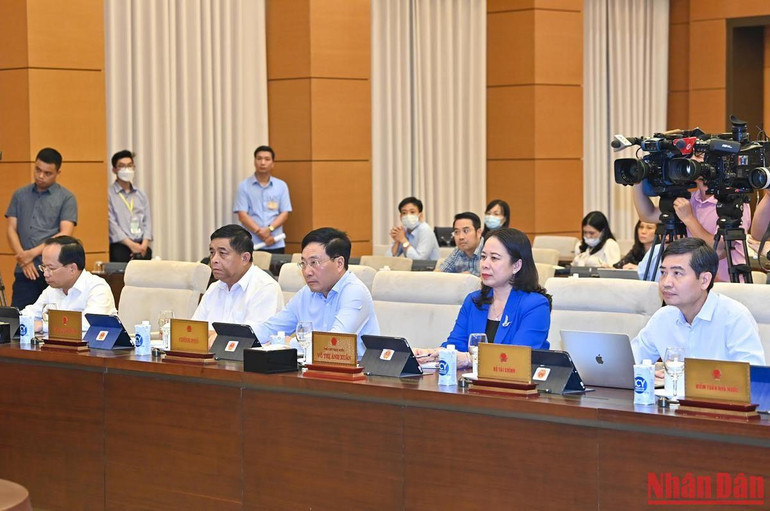 Phó Thủ tướng Thường trực Chính phủ Phạm Bình Minh, Phó Chủ tịch nước Võ Thị Ánh Xuân cùng các đại biểu dự phiên họp.