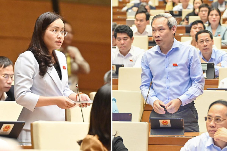 Đại biểu Quốc hội tỉnh Bắc Kạn Hồ Thị Kim Ngân (trái) và đại biểu Quốc hội tỉnh Thái Bình Phan Đức Hiếu đặt câu hỏi chất vấn Bộ trưởng Xây dựng Nguyễn Thanh Nghị.