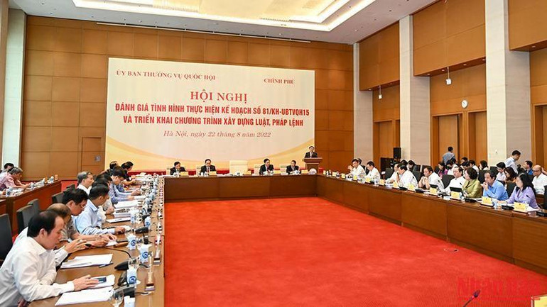 Quang cảnh Hội nghị đánh giá tình hình thực hiện kế hoạch số 81/KH-UBTVQH15 và triển khai chương trình xây dựng luật, pháp luật. (Ảnh: DUY LINH)