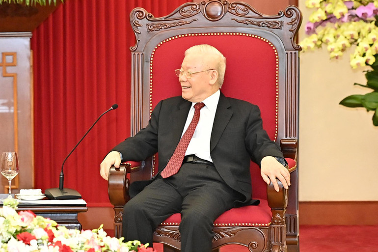 Tổng Bí thư Nguyễn Phú Trọng phát biểu tại buổi tiếp Chủ tịch Thượng viện Vương quốc Campuchia Samdech Say Chhum.