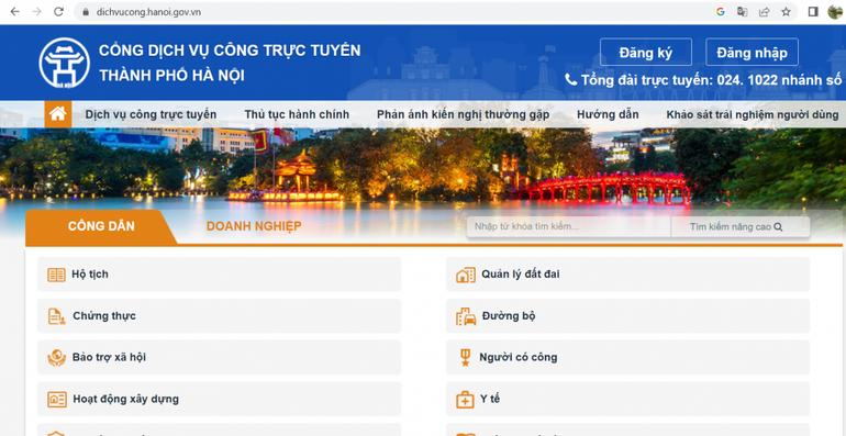Cổng dịch vụ công trực tuyến của thành phố Hà Nội.
