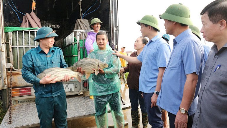 Các đồng chí lãnh đạo tỉnh thăm hỏi, động viên bà con vùng lũ.