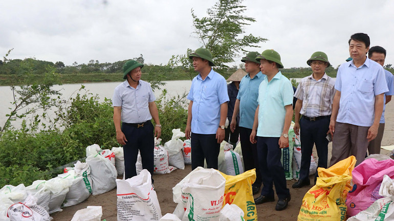 Lãnh đạo tỉnh đi kiểm tra công tác gia cố đê điều tại xã Long Châu, huyện Yên Phong.