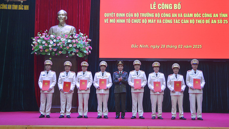 Đại tá Bùi Duy Hưng,Giám đốc Công an tỉnh trao Quyết định điều động 8 đồng chí Trưởng Công an các huyện, thị xã, thành phố đến nhận công tác và giữ chức vụ Trưởng các Phòng của Công an tỉnh.