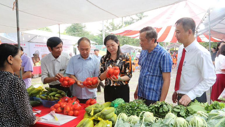 Gian hàng của Hợp tác xã sản xuất rau củ quả nông sản an toàn thôn Liên Ấp, xã Việt Đoàn, huyện Tiên Du tại Chợ phiên.