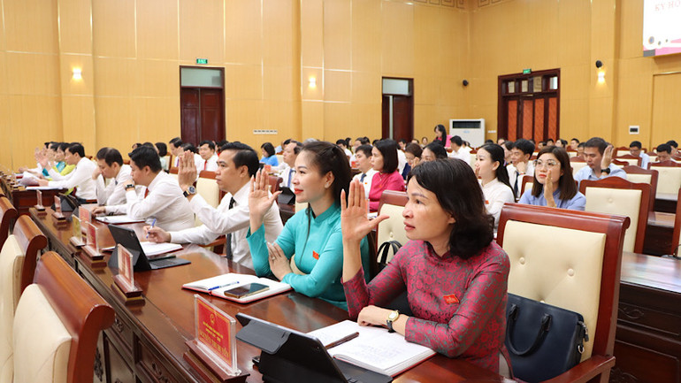 Các đại biểu biểu quyết thông qua các dự thảo nghị quyết.