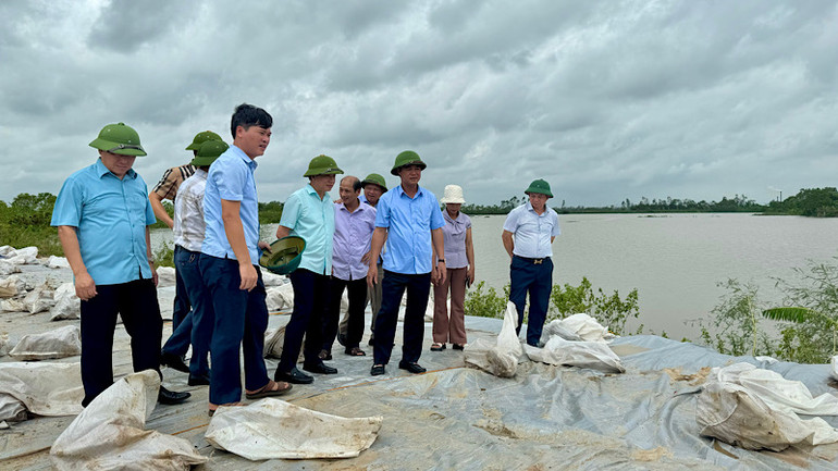Phó Chủ tịch Ủy ban nhân dân tỉnh Lê Xuân Lợi (thứ 3 từ phải vào) kiểm tra công tác bảo vệ đê đoạn qua huyện Tiên Du.