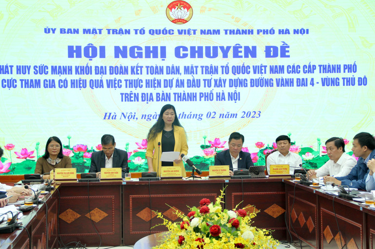 Chủ tịch Ủy ban Mặt trận Tổ quốc Việt Nam thành phố Hà Nội Nguyễn Lan Hương phát biểu tại Hội nghị. Chủ tịch Ủy ban Mặt trận Tổ quốc Việt Nam thành phố Hà Nội Nguyễn Lan Hương phát biểu tại Hội nghị.
