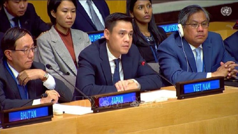 Đại sứ Đặng Hoàng Giang, Trưởng Phái đoàn Việt Nam tại Liên hợp quốc phát biểu tại lễ kỷ niệm. (Ảnh: TTXVN)