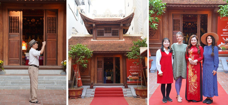 Bà Nguyễn Thị Thanh Huyền, Phó Chủ tịch phường Hàng Gai đón tiếp các vị khách tới thăm không gian đình Hà Vĩ.