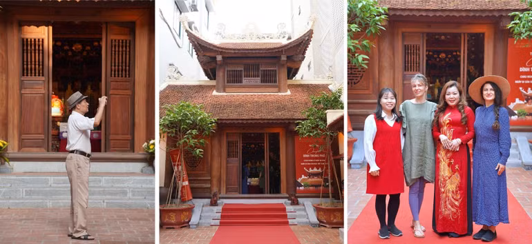 Bà Nguyễn Thị Thanh Huyền, Phó Chủ tịch phường Hàng Gai đón tiếp các vị khách tới thăm không gian đình Hà Vĩ.