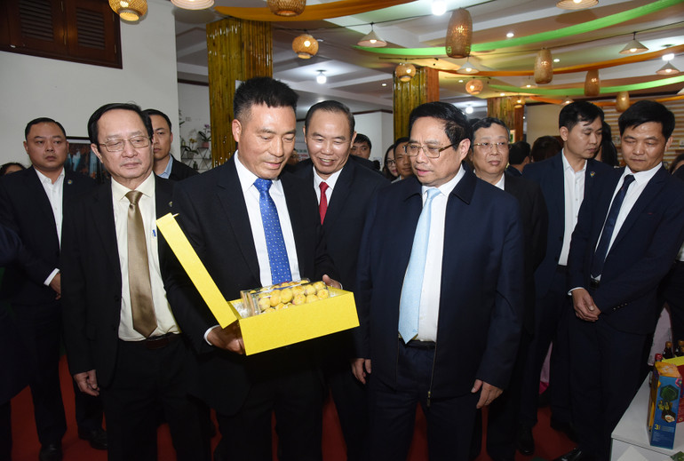 Thủ tướng và các đại biểu tham quan các gian hàng trưng bày sản phẩm tiêu biểu của ngành nông nghiệp.