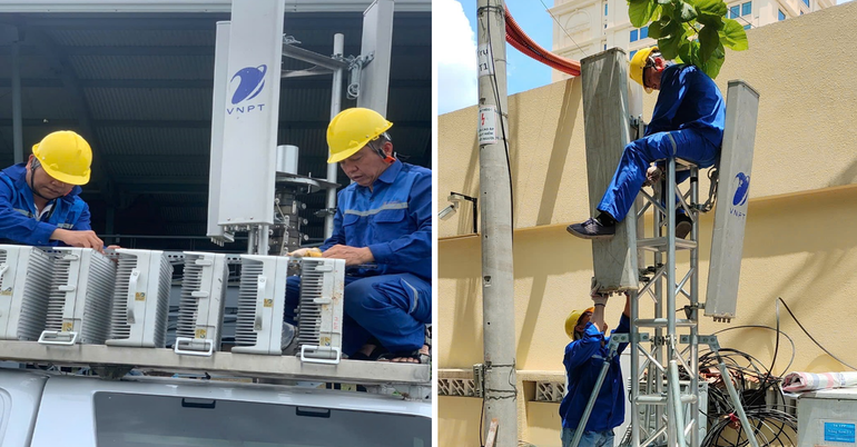 Đội ngũ kỹ thuật của VNPT đang gấp rút triển khai các trạm BTS lưu động, kéo cáp quang, lắp đặt và cấu hình thiết bị tại các điểm cầu truyền hình.