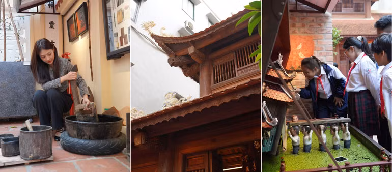Tận mắt chiêm ngưỡng và trải nghiệm những dụng cụ, sản phẩm truyền thống là điều mới mẻ với các bạn trẻ.