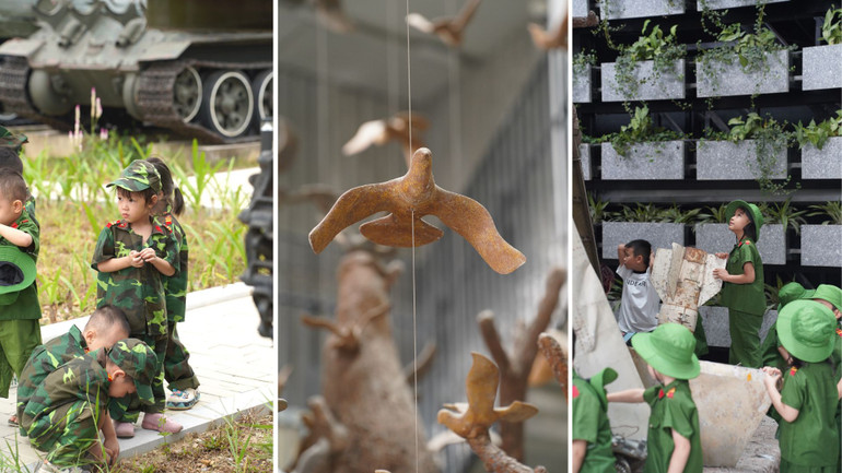 Cảnh tượng dòng người đông đúc từ từ di chuyển, đứng ngắm từng hiện vật tạo nên một khung cảnh nhộn nhịp, có cả các bạn trẻ, gia đình, và những đoàn cựu chiến binh từ khắp nơi cũng có mặt để tham quan và ôn lại những ký ức oai hùng của lịch sử quân sự.