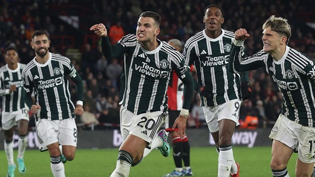 Niềm vui của M.U sau pha lập công của Dalot. (Nguồn: Getty Images)