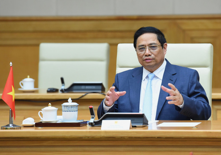 Thủ tướng Phạm Minh Chính phát biểu tại buổi tiếp Phó Tổng thống Cộng hòa Nam Phi Paul Mashatile.