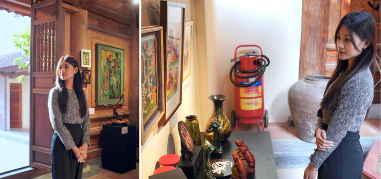 Không gian đình vừa cổ kính vừa tươi mới với những gam màu sắc của những tác phẩm trưng bày.