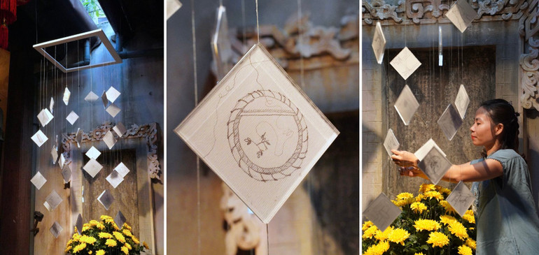 Chị Trần Thị Hội, sinh viên khoa Hội họa, chuyên ngành Lụa, Trường đại học Mỹ thuật Việt Nam, tác giả của sản phẩm triển lãm tại đình Tú Thị.