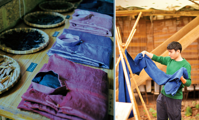 Nguyễn Đức Huy đang thử nghiệm nhuộm vải bằng chất liệu tự nhiên.