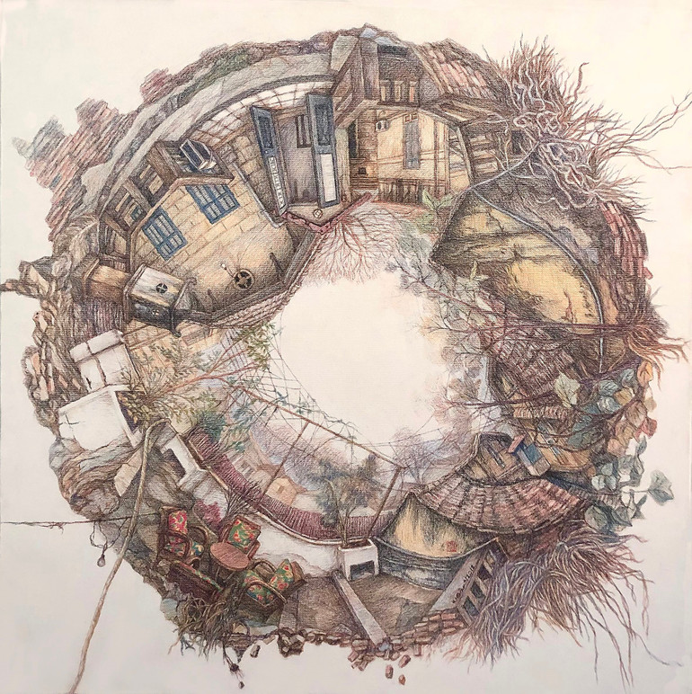 Cội rễ #1, chì mầu trên toan, 80x80cm, 2019. Ảnh: NVCC