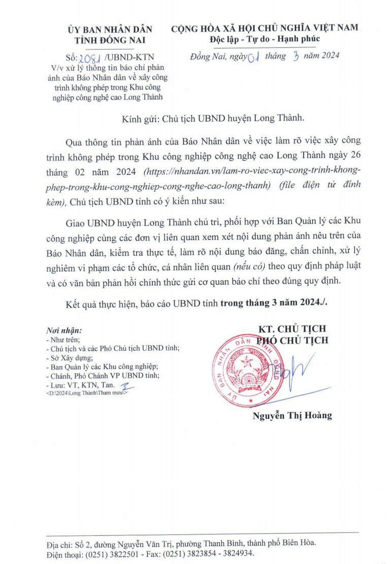 Công văn số 2081 của Ủy ban nhân dân tỉnh Đồng Nai.