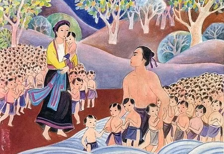 Ảnh minh họa Lạc Long Quân và Âu Cơ cùng các con.