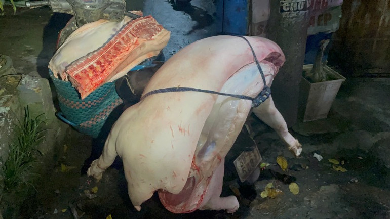 Lợn sau khi giết mổ chuẩn bị đưa đi tiêu thụ. Lợn sau khi giết mổ chuẩn bị đưa đi tiêu thụ.