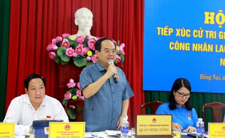 Đồng chí Quản Minh Cường, Phó Bí thư Tỉnh ủy, Trưởng Đoàn đại biểu Quốc hội tỉnh Đồng Nai phát biểu tại hội nghị.