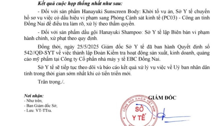 Các lực lượng chức năng tỉnh Đồng Nai thống nhất khởi tố vụ án, làm rõ hành vi sản xuất hàng giả đối với sản phẩm Hanayuki Sunscreen Body của Công ty cổ phần nhà máy y tế EBC Đồng Nai.