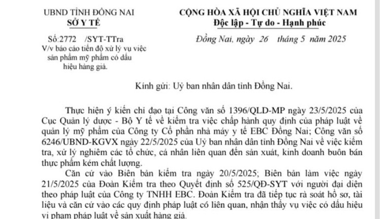 Công văn số 2772 của Sở Y tế Đồng Nai báo cáo tiến độ xử lý vụ việc sản phẩm mỹ phẩm có dấu hiệu hàng giả của Cổ phần nhà máy y tế EBC Đồng Nai.