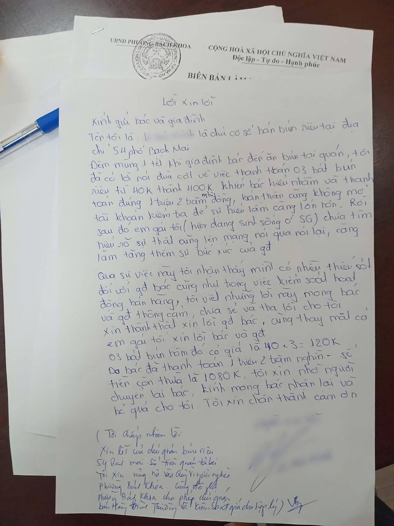 Bức thư xin lỗi của chủ cửa hàng bún riêu số 54 phố Bạch Mai. Bức thư xin lỗi của chủ cửa hàng bún riêu số 54 phố Bạch Mai.